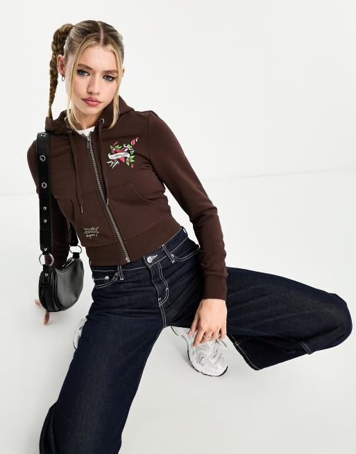 Ed Hardy – Brązowa krótka bluza z kapturem zapinana na zamek, część zestawu