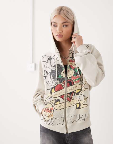 Ed Hardy broken hearts and fairytales zip through hoodie in ecru - view 1