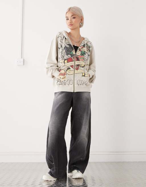 Ed Hardy broken hearts and fairytales zip through hoodie in ecru, 2 of 4