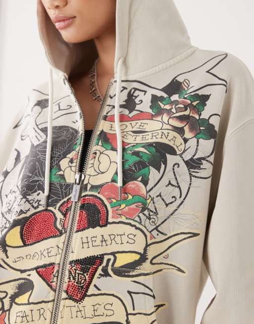 Ed Hardy broken hearts and fairytales zip through hoodie in ecru, 3 of 4