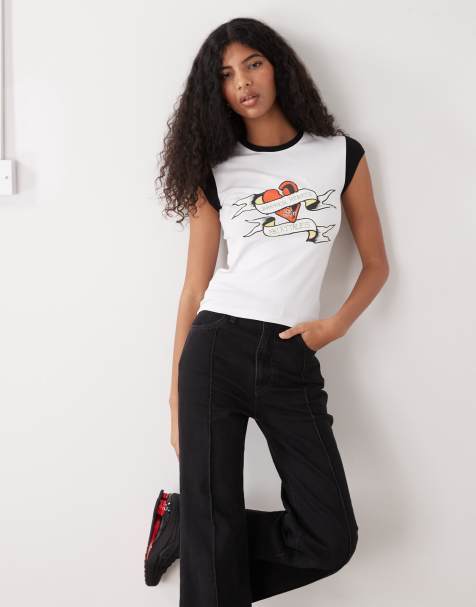 Ed Hardy broken hearts contrast baby tee in white and black - view 1