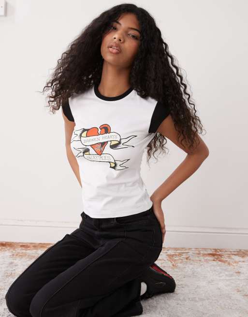 Ed Hardy broken hearts contrast baby tee in white and black, 3 of 4