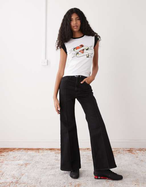 Ed Hardy broken hearts contrast baby tee in white and black, 4 of 4