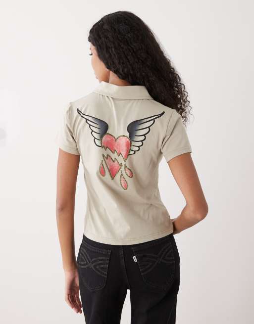 Ed Hardy broken hearts mini polo shirt in khaki co-ord, 2 of 4