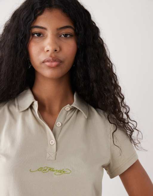Ed Hardy broken hearts mini polo shirt in khaki co-ord, 3 of 4