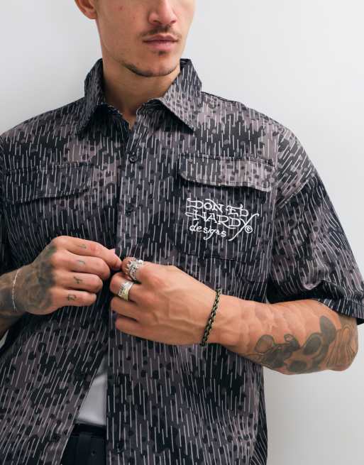 Ed Hardy camicia utility mimetica fiammeggiante nera, 3 di 5
