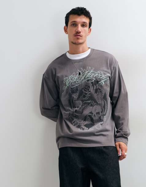 Ed Hardy camiseta de manga larga holgada Flying Skills en gris - view 1