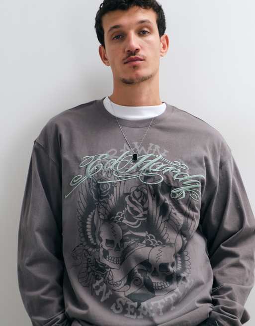 Ed Hardy camiseta de manga larga holgada Flying Skills en gris, 3 de 5