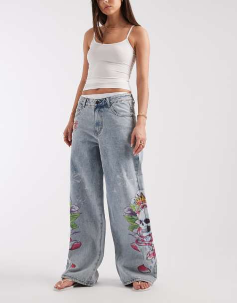 Ed Hardy cherry skull side print jeans in distress wash