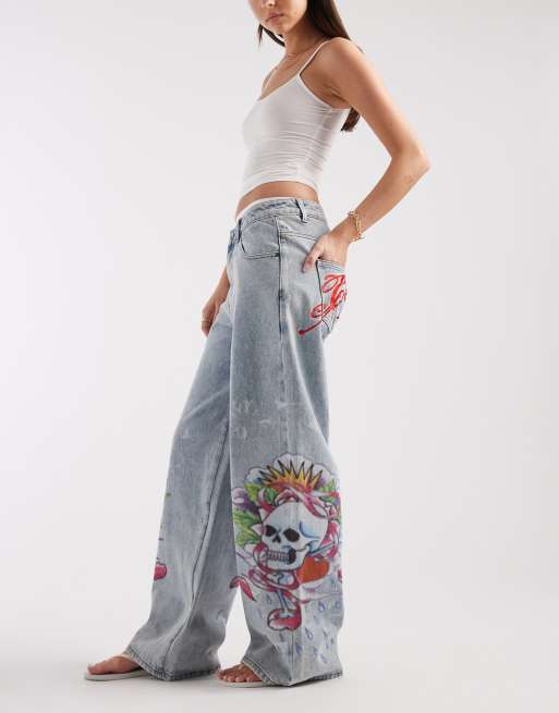 Ed Hardy cherry skull side print jeans in distress wash, 3 of 5