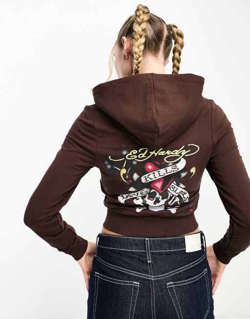 Ed Hardy – Chokladbrun huvtröja med dragkedja, del av set, 4 av 4