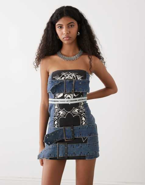 Ed Hardy climbing rose denim biker bandeau dress in distressed wash - view 1
