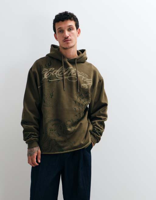 Ed Hardy co-ord relaxed con felpa con cappuccio con grafica shadow in kaki, 3 di 5