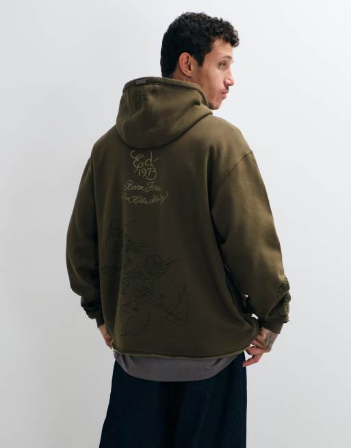 Ed Hardy co-ord relaxed con felpa con cappuccio con grafica shadow in kaki, 5 di 5