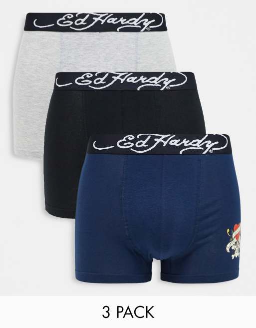 Ed Hardy - Confezione da 3 boxer blu navy in jacquard con fascia in vita con logo
