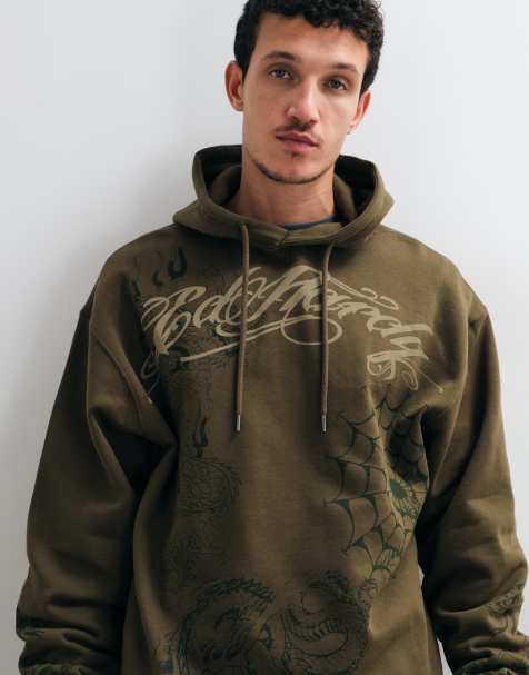 Ed Hardy conjunto de sudadera con capucha holgada con gráfico sombreado en caqui - view 1
