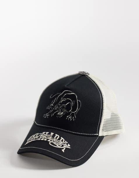 Ed Hardy contrast stitch panther 5 panel cap in white & black - view 1