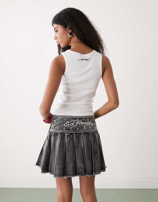 Ed Hardy contrast stitch pleated rose mini skirt in black, 4 of 5