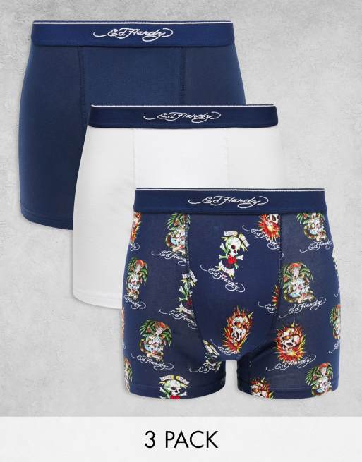 Ed Hardy - Cozner - Set van 3 boxershorts met tatoeageprint in wit en marineblauw