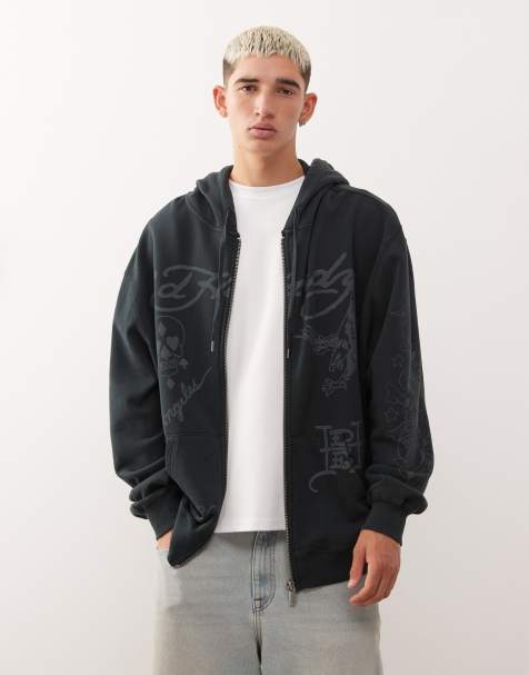 Ed Hardy death before mono zip up hoodie in washed black - view 1