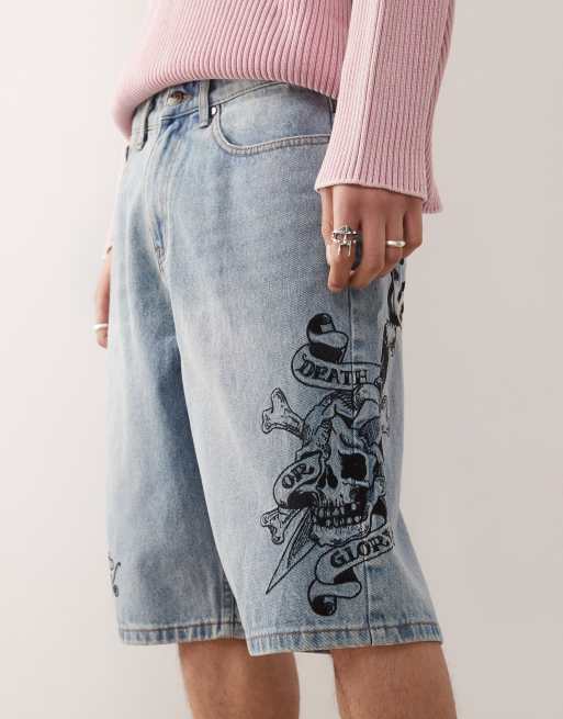 Ed Hardy death or glory denim skater shorts in blue | ASOS