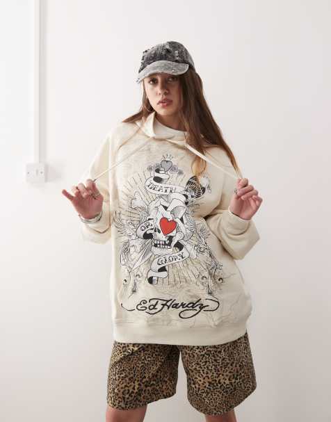 Ed Hardy death or glory love hoodie in beige - view 1