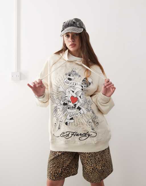 Ed Hardy death or glory love hoodie in beige