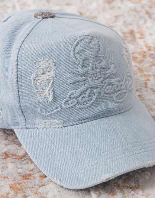 Ed Hardy denim embossed skull 5 panel cap in mid blue, 2 of 3