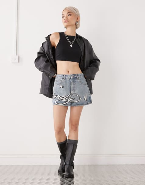 Ed Hardy denim mini skirt with ed hardy graphic in bleach