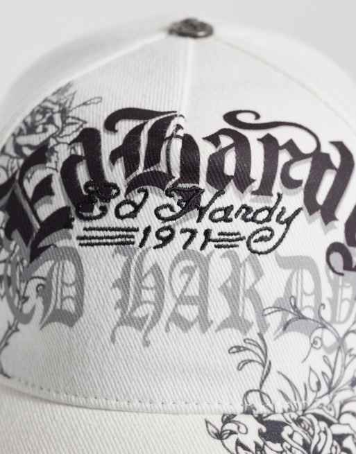 Ed Hardy distressed floral gothic trucker cap in white, 2 of 3