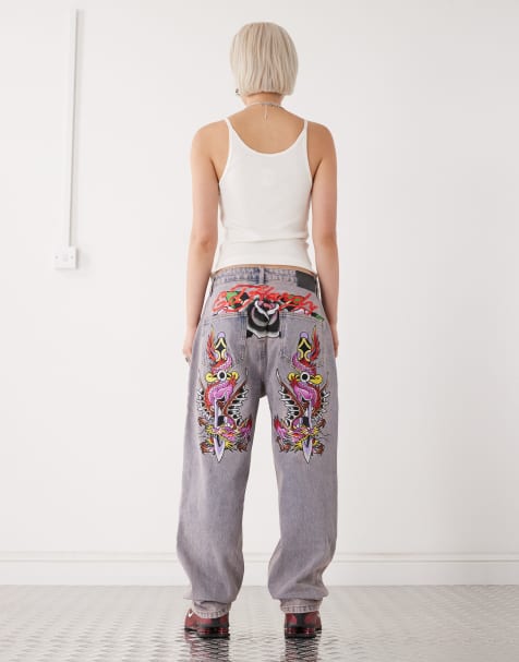 Ed Hardy dragon and sword relaxed denim trousers jeans in purple - view 1