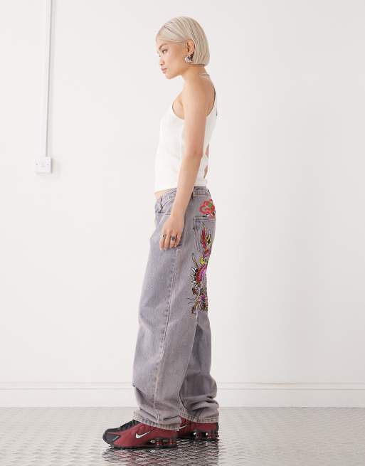 Ed Hardy dragon and sword relaxed denim trousers jeans in purple, 3 of 5