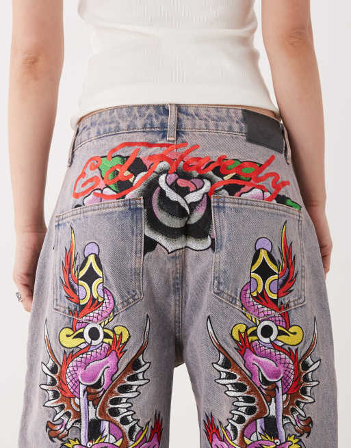 Ed Hardy dragon and sword relaxed denim trousers jeans in purple, 4 of 5
