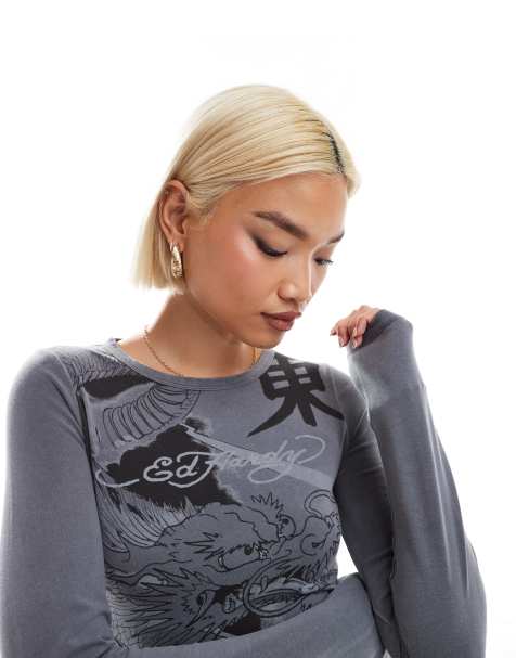 Ed Hardy dragon graphic long sleeve fitted t-shirt in grey - view 1