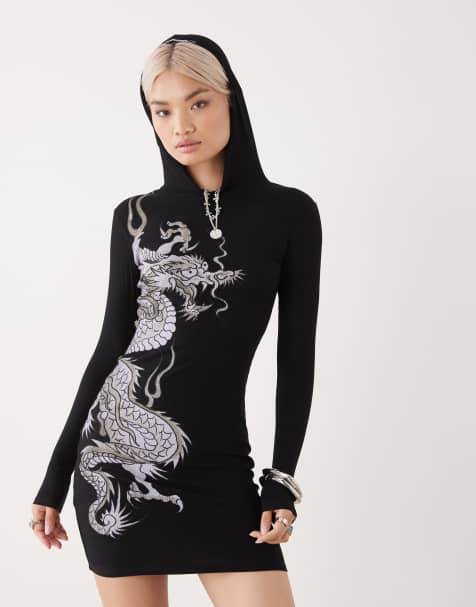 Ed Hardy dragon hooded mini dress in black - view 1