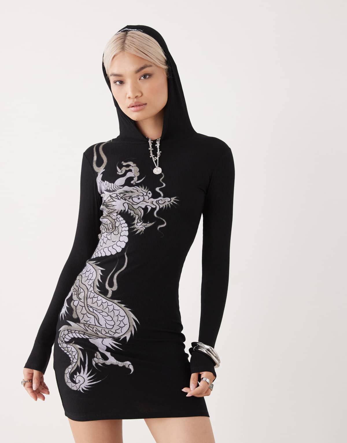 Ed Hardy dragon hooded mini dress in black