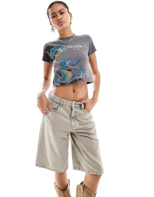 Ed Hardy dragon logo baby tee in washed charcoal