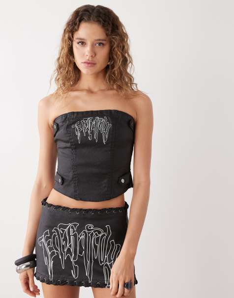 Ed Hardy drip strapless denim corset top in distressed black co-ord - view 1