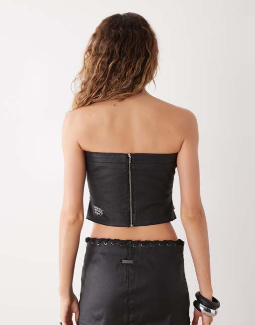 Ed Hardy drip strapless denim corset top in distressed black co-ord, 4 of 4