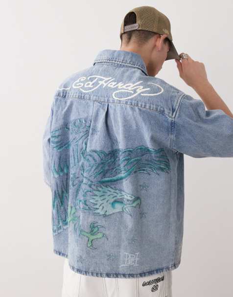 Ed Hardy eagle and stars relaxed denim shirt in blue - view 1