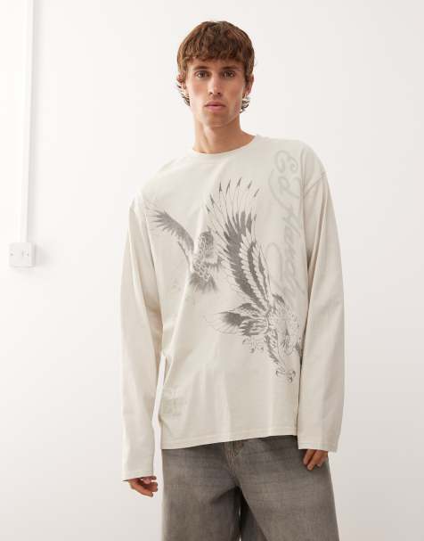 Ed Hardy eagle battle long sleeve t-shirt in cream - view 1