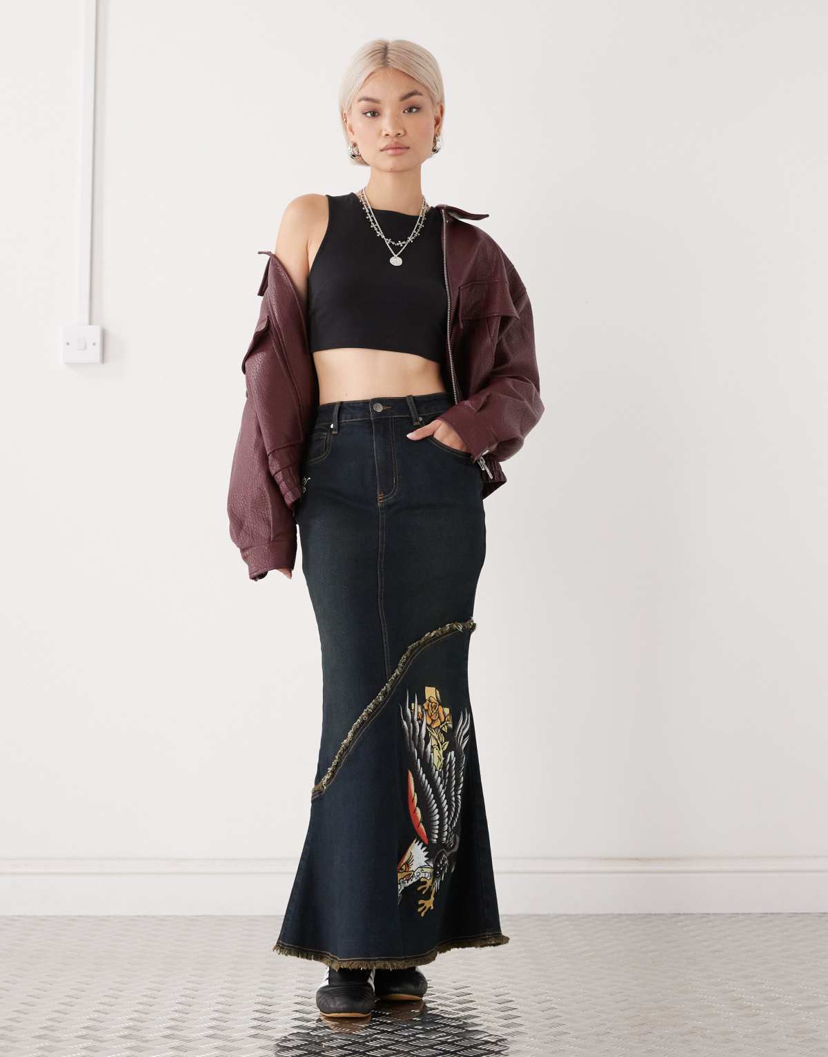 Ed Hardy eagle denim maxi skirt in blue