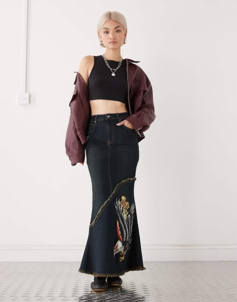 Ed Hardy eagle denim maxi skirt in blue