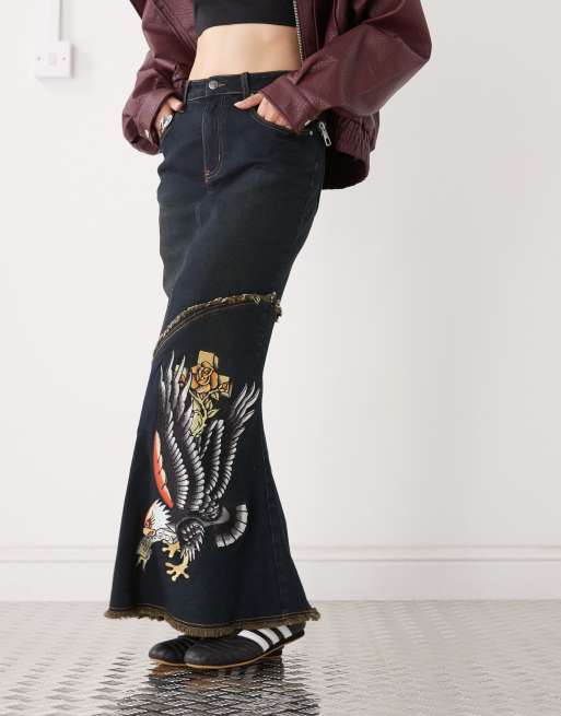 Ed Hardy eagle denim maxi skirt in blue, 2 of 5