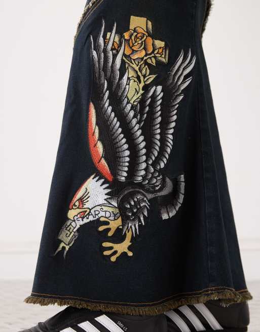 Ed Hardy eagle denim maxi skirt in blue, 3 of 5