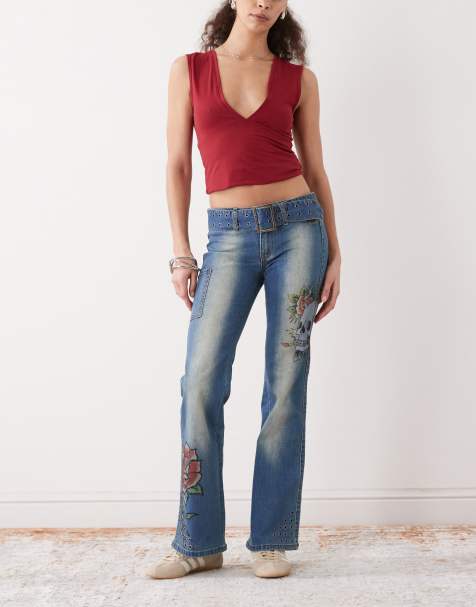Ed Hardy eyelet belt straight leg tattoo patch jean in vintage bleached wash - view 1
