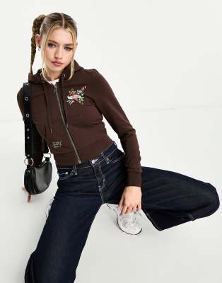 Ed Hardy - Felpa con cappuccio taglio corto color cioccolato con zip in coordinato