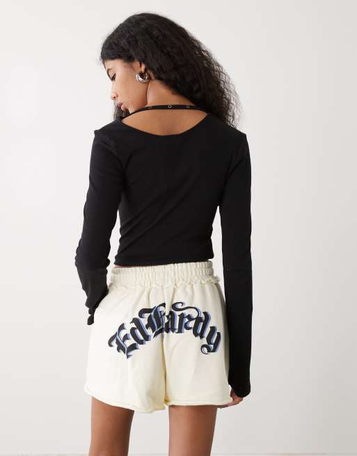 Ed Hardy fighting eagle eyelet sweat shorts in ecru, 4 of 5