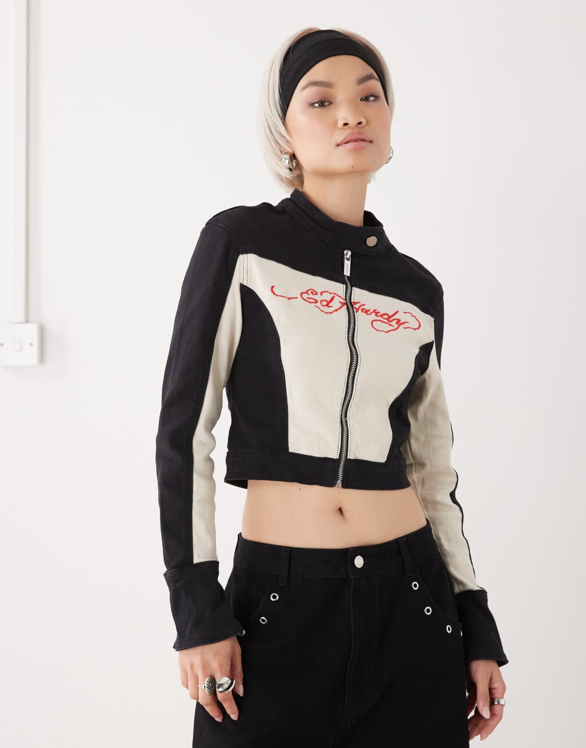 Ed Hardy fitted denim jacket in black