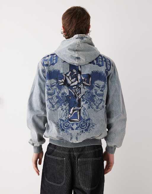Ed Hardy flaming cross denim zip up jacket in bleach | ASOS